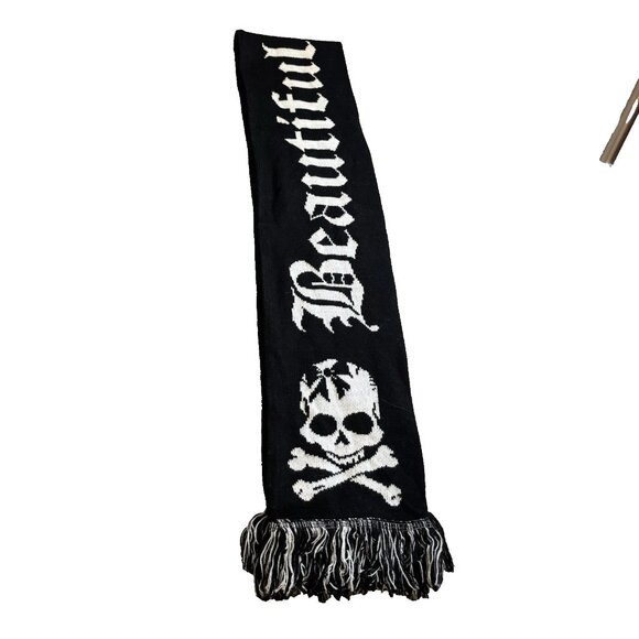 Beautiful Disaster Skull Bow Design and Lightning Black Knit Scarf with Fringe - Picture 2 of 7